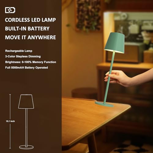 Image of Kakanuo Green Cordless Table Lamps, Rechargeable Lamp, Battery Operated Lamps, Touch Control Table Lamps, 3 Color Temperature, Stepless Dimmable, LED Portable Wireless Battery Lamp, Set of 2