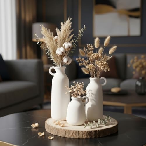 Image of PUREZENTO White Ceramic Roman Bottle Vase - Set of 3 | Matte Ceramic Flower Vases for Pampas Grass & Dried Flowers | Modern Decorative Vases for Home, Living Room, Bedroom, Office & Table Decor