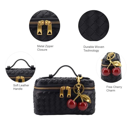 Image of Woven Crossbody Bags for Women Trendy Clutch Purse Bag Small Top Handle Leather Handbag with Cherry Charm (Black)