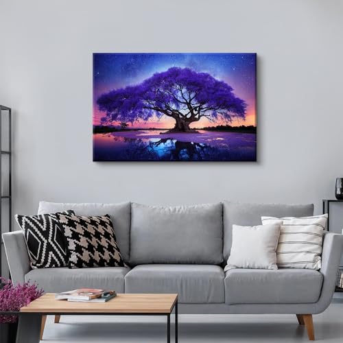 Image of Purple Tree Landscape Wall Art Blue Starry Night Picture Artwork for Living Room Wall Decor Abstract Nature Scenery Canvas Print Painting for Modern Bedroom Bathroom Home Office Decoration 32x48 inch