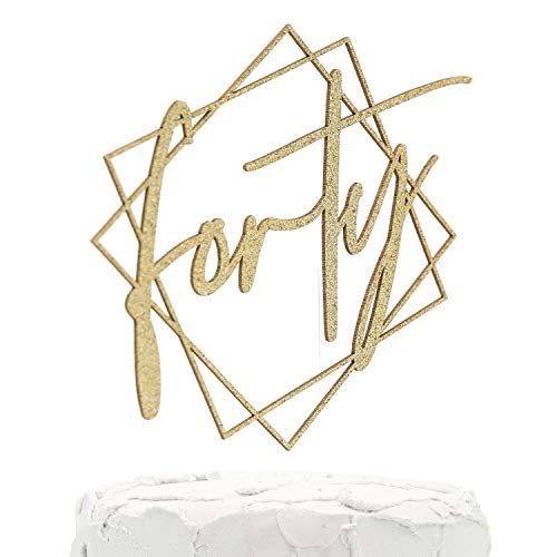 NANASUKO 40th Birthday Cake Topper - forty - with Modern Geometric Frame - Double Sided Gold Glitter - Premium Quality Made in USA