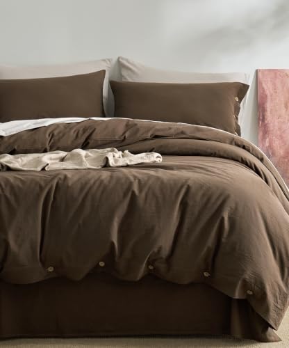 Image of JELLYMONI 100% Washed Cotton Brown Duvet Cover Cal King, Linen-Like