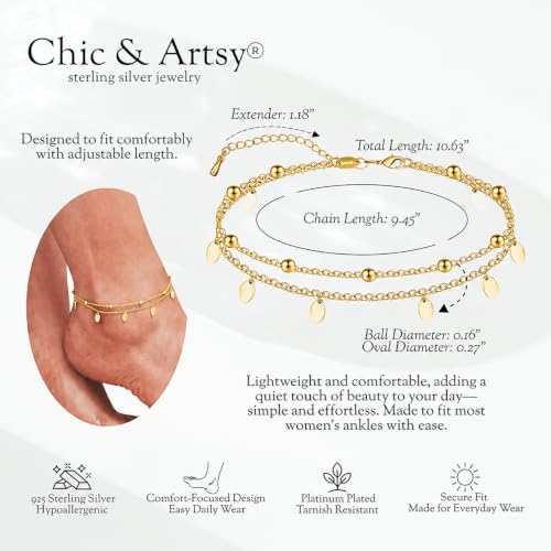 Image of CHIC & ARTSY 925 Sterling Silver Ankle Bracelets for Women, Adjustable Double Layer Chain Anklets, Minimalist Lightweight Foot Jewelry for Beach & Everyday Wear
