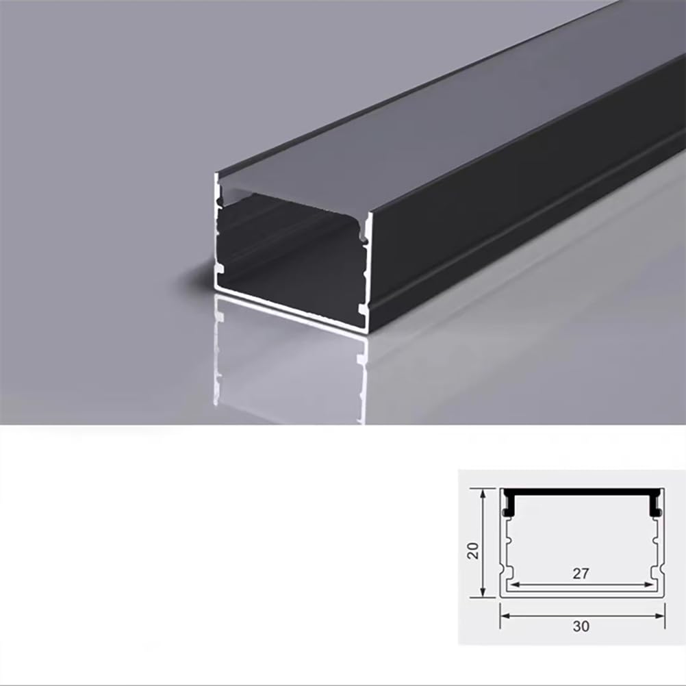 Difusor de tira de luz LED de perfil de aluminio en forma de U de 6 m, canal negro con cubierta blanca lechosa, sistema LED en U para iluminación suave, 30 x 20 mm, fácil instalación