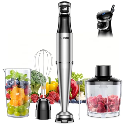 GDOR 1100W Pürierstab, 5 In 1 Stabmixer Edelstahl, Stufenlos Geschwindigkeitseinstellung Hand Blender Mit 2 Schneebesen, 800ml Messbecher, 600ml Häcksler