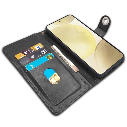 Image of Pikkme Samsung Galaxy S24 5G Flip Cover Leather Finish | Inside TPU with Card Pockets | Wallet Stand and Shock Proof | Complete Protection Button Flip Case (Black)