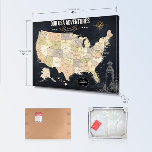 Image of IPIC - Vintage USA Travel Map, Pin Board Canvas Wall Art, Travel Map with Pins Included, Ready to Hang for Home or Office, 40x30 Inch