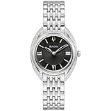 Bulova Reloj clásico de cuarzo con diamantes de acero inoxidable plateado para mujer, esfera negra. Estilo: 96R252, plateado, Pulsera clásica de cuarzo plateado de acero inoxidable con diamantes
