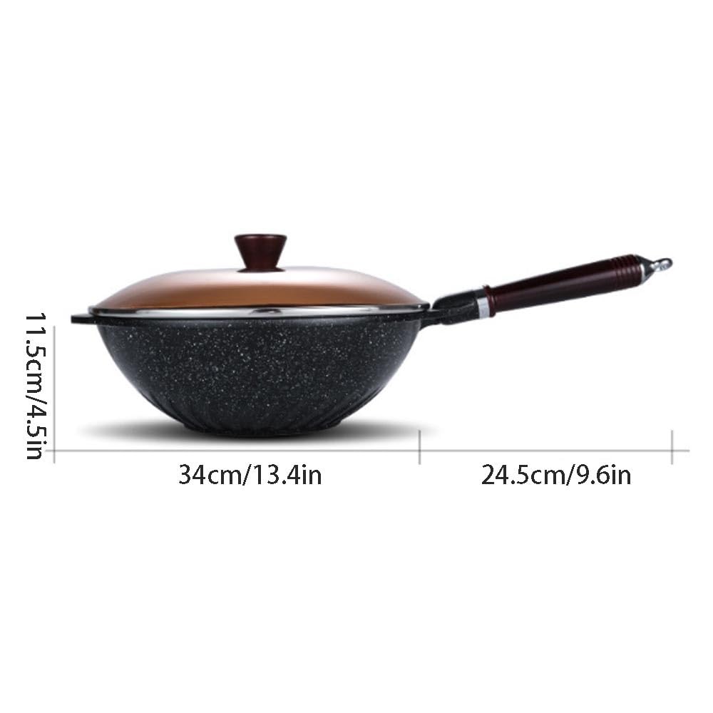 Padella Wok Antiaderente con Coperchio, Padella Wok Antiaderente in Lega di Alluminio da 13,4 Pollici, Padella Piatta con Rivestimento in Granito con Manico ergonomico e Perline,