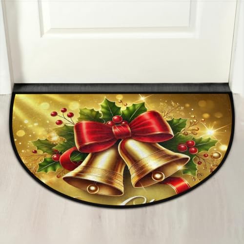 Image of Half Round Doormat Washable Kitchen Semi Circle Rug Christmas Bell Holly