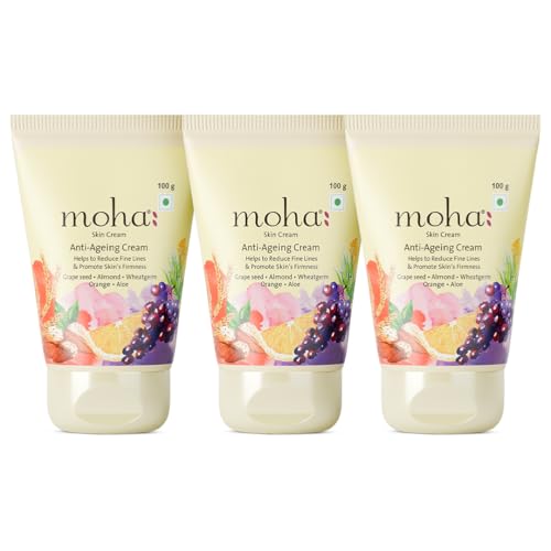 Image of Moha Anti Ageing Cream for Fine Line & Wrinkles | Restores Skin Firmness & Reduces Pigmentation | Enriched with Grapeseed Oil, Aloe Vera & Wheat Germ for Collagen Boost & Radiant Glow | Dermatologically Tested for All Type of Skin - 100g (Pack of 3)