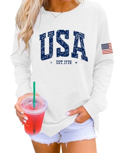Image of Dressmine Womens USA Shirt Casual Long Sleeve Graphic Tees Knit Crew Neck Sweatshirts Loose Pullover