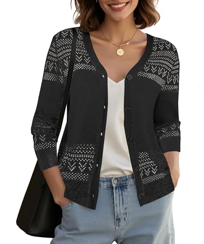 Urban CoCo Women's V-Neck Boho Crochet Cardigan 2025 Summer Lightweight 3/4 Sleeve Open Front Button Down Cover Up