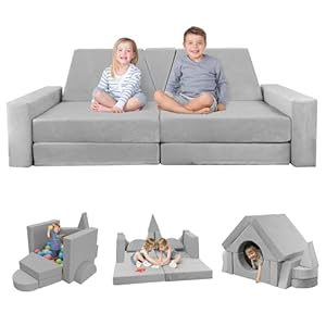 YEFU 15pcs Modular Kids Play Couch, Kids Couch for Toddler & Children, Toddler couches, Kid Couches Fort Building kit for Playroom Furniture, Kid Play Couches, Convertible Sofa for Boys & Girls, Grey