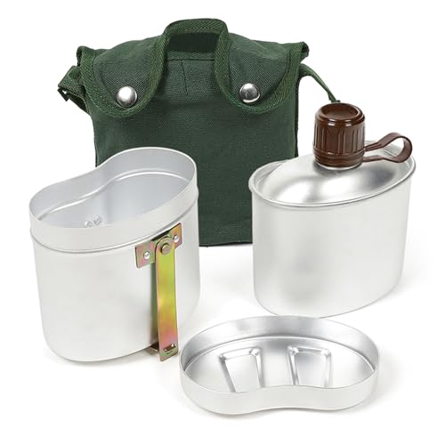 HUIOP Camping Canteen Set, Portable Aluminum Canteen Set with Cup and Cover Outdoor Camping Cookware Mess Kit for Hiking Backpacking Picnic