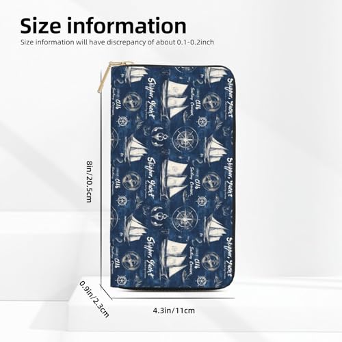 Navy Blue Nautical Pattern Print Wallet Women Men, Long PU Leather Wallets for Women, Cute Womens Travel Wallet Purse Pouch with Zipper Pocket3