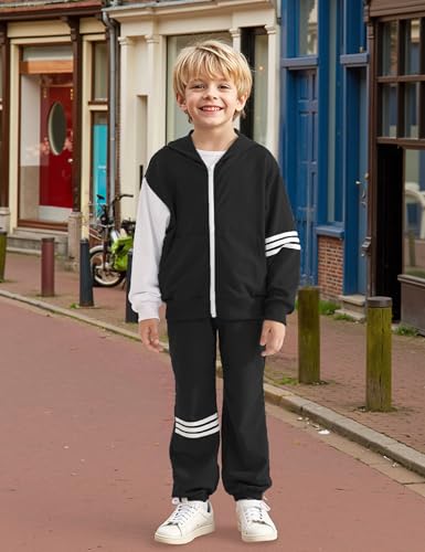 Boy's Pants Set - 2 Piece Fall Outfits ColorBlock Long Sleeve Zipper Hooded and Pants Casual Clothes 6-16 Years2
