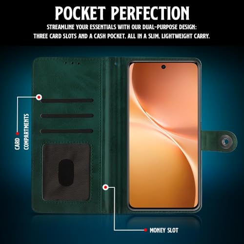 Image of WOW IMAGINE Shock Proof Flip Cover Back Case for Vivo V60 5G | V60e 5G | Vivo T4 Pro 5G (Magnetic Button Flip Case | Wallet Pockets & Stand | Leather Finish | Forest Green)