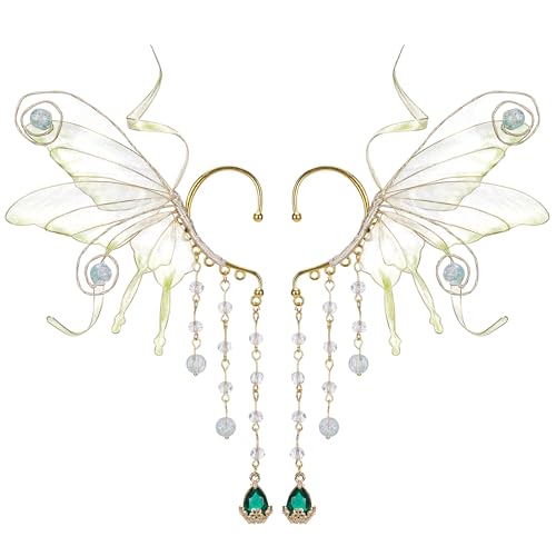 FRESHME Fairy Elf Ear Cuffs - Butterfly Wings Elven Ear Cuffs with Glass Beads Tassel Non Pierced Mermaid Ears for Women