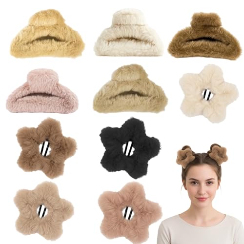 10-Piece 3.54inch Hair AccessoriesFuzzy Claw Clip Set with 5 Neutral Fuzzy Claw Clips and 5 Star-Shaped Fuzzy Hair Clips Soft Hair Clips for Women