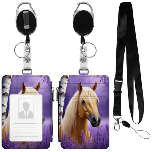 Brown Horse Lanyard Wallet with Id Badge Holder Small Wallets Woman Slim Credit Card Holder with Zipper Pocket & Retractable Badge Reel Clip for Office Student Teacher