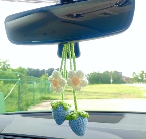 Image of VRB Dec 1 Pcs Crochet Flower for car Dashboard Decoration Items,Car Hanging Crochet Flower,Sunflower Decoration for Car,Car Mirror Hanging Accessories, (Hanging Strawberry Blue Crochet - 1 Pcs)