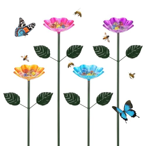 4PCS Bee Watering Station W/ 16PCSGlass Marbles Butterfly Bath for Garden Metal Bees Water Feeder with Flower Design Colorful Butterfly Bee-Bath Bowl for Outdoor Garden Yard Decor