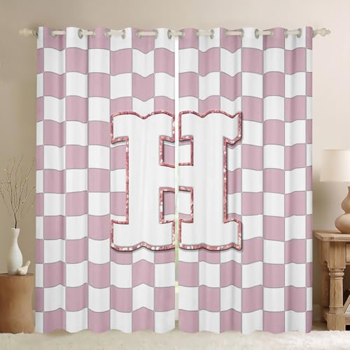 Image of Erosebridal Pink Initial H Blackout Curtains for Kids Girls Bedroom Kawaii Plaid Checkered Window Curtains 2 Panels 42 inchWx63 inchL Cute Personalized Monogram Drapes,Fashion Grids Gingham Window Treatments