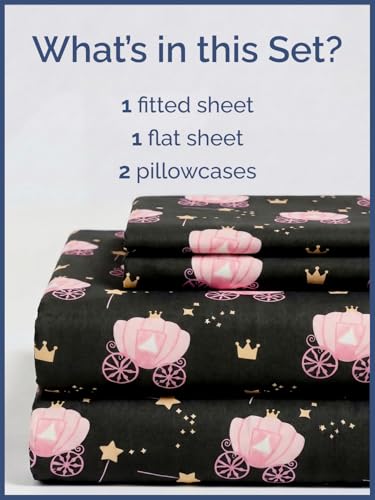 Image of Kids Full Size Princess Carriage Bed Sheets - 4 Piece Kids Sheet Set | Princess Carriage Themed Bedding, Ultra-Soft, Cute & Cozy, Breathable & Machine Washable, Bed Set for Boys, Girls & Teens