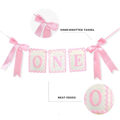 Image of Pink and White Bow ONE High Chair Banner and Cake Topper Sweet Pink Bow Highchair Garland One Happy Birthday Highchair Photo Prop