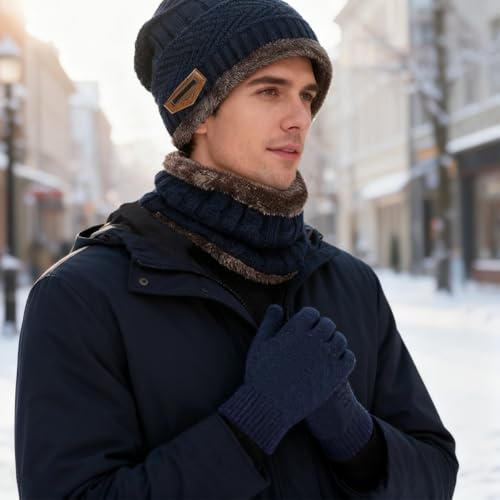XILEPINGAN Wintermütze Schal Touchscreen Handschuhe Set - Unisex Beanie Strickmütze Winterschal Thermo Handschuhe,Wintermütze Strickmütze Schlauchschal Strickhandschuhe mit Fleece Gefütterte (Grau)