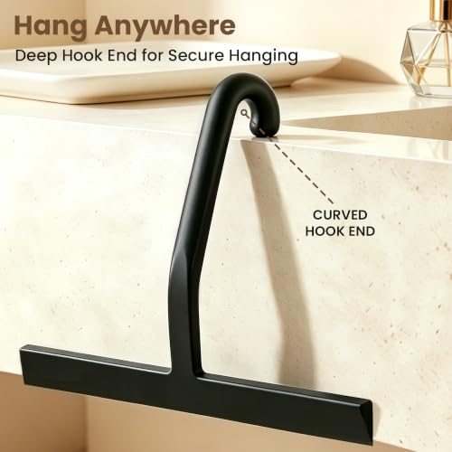 Image of 10 Inch Silicone Shower Squeegee for Glass Doors, Streak-Free, Black | No-Squeak Silicone Blade, Ergonomic Round Grip and Built-In Hook for Quick Daily Cleaning of Shower Glass, Tile and Windows