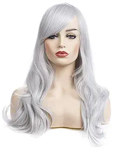 Morvally 23-Inch Long Curly Wig with Bangs for Women, Silver Gray, Heat Resistant Synthetic Hair for Cosplay and Costume