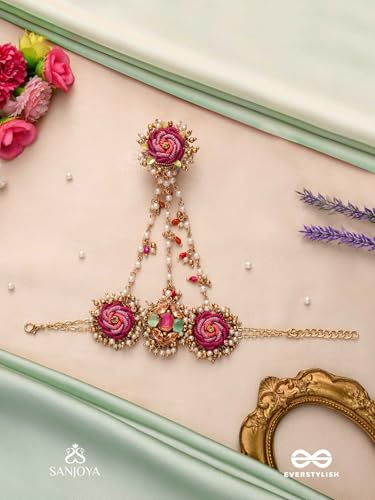 Image of SANJOYA BY EVERSTYLISH Gulratna Jewel Of Roses Handcrafted Rose Haathphool With Beaded Fringes, Pearls And Gem Details Lightweight Jewelry For Women | Party, Festive, Wedding & Gifting