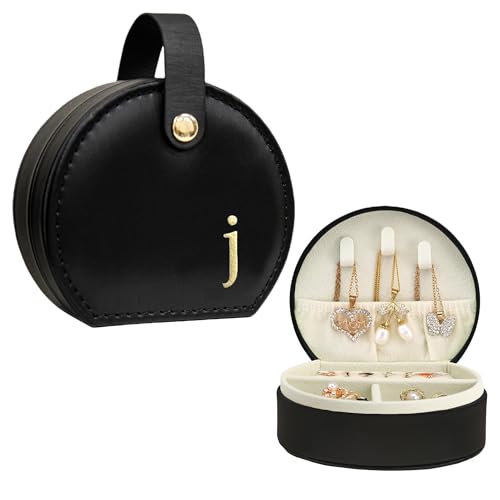 COLLECTIVE HOME - Travel Jewelry Case, Elegant Half-Moon Design with Gold Monogram, Detachable Handle, Personalized Accessory Organizer, Gift for Fashion-Forward Women and Teens, Black (j)