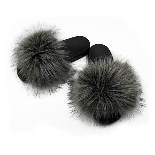 Image of Women's Faux Fur Slides Slippers Fluffy Fuzzy Sandals Open Toe Furry Slide Flip Flop Indoor Outdoor