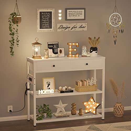 Ecoprsio Entryway Table With Outlets And Usb Ports, Console Table With 2 Drawers, Small Sofa Table With Storage Shelves For Living Room, Couch, Hallway, Foyer, Kitchen Counter, 32'', White #TOP6