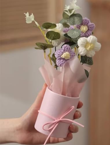 Image of Artificial Crochet Flower Bouquet Handmade Cotton Flowers Bunch for Home Decor, Gift for Girls, Wedding, Festival Decoration, Long Lasting Floral Arrangement (Flower Pot (Purple))