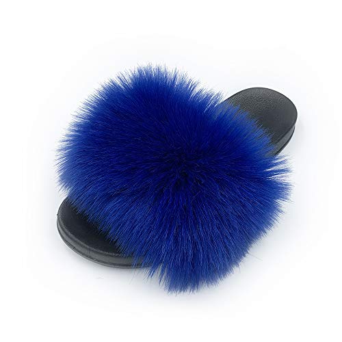Image of Women's Faux Fur Slides Slippers Fluffy Fuzzy Sandals Open Toe Furry Slide Flip Flop Indoor Outdoor