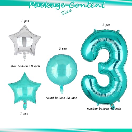 Image of Teal Blue Number 3 Balloons 40 Inch 3rd Birthday Mermaid Theme 5 Pcs | Big Helium Mylar Digital Balloon Anniversary Wedding Party Decor Supplies