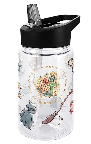 LOGOVISION Harry Potter Kids Tritan Plastic Water Bottle with Straw Lid and Handle, Reusable Tumbler for Toddlers, Unisex for Girls and Boys, 12oz, HP Watercolor Pattern