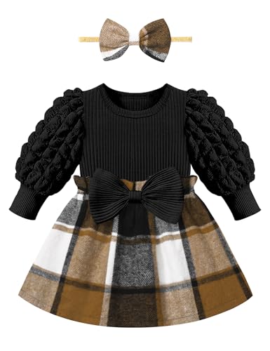 Image of Qaoerde Baby Girl Dress Puff Sleeve Plaid Dress Ribbed Newborn Dress Clothes Fall Winter Outfits with Bowknot Headband