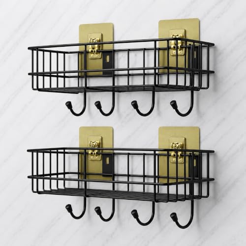 Image of Metal Storage Shelf with Hooks, Wall-Mounted No-Drill Self-Adhesive Rack for Bathroom & Home Organization, Multipurpose Shelf Organizer, Set of 2