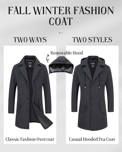 Chrisuno Men's Long Classic Pea Coat Notched Collar Single Breasted Winter Overcoat Slim Fit Trench Coats3