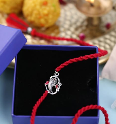 Meenakari Men's Cotton 92.5 Sterling Silver Om Ganesha Rakhi Bracelet for Brother (Red)3