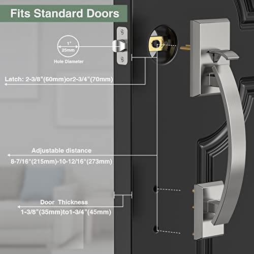 Image of Front Door Handle Satin Nickel Adjustable, Heavy 12.7in Exterior Entry Knob, Silver, Reversible