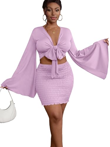 Image of LYANER Women 2 Piece Vacation Outfits Tie Knot Front Bell Long Sleeve Crop Top and Mini Skirt Summer Set