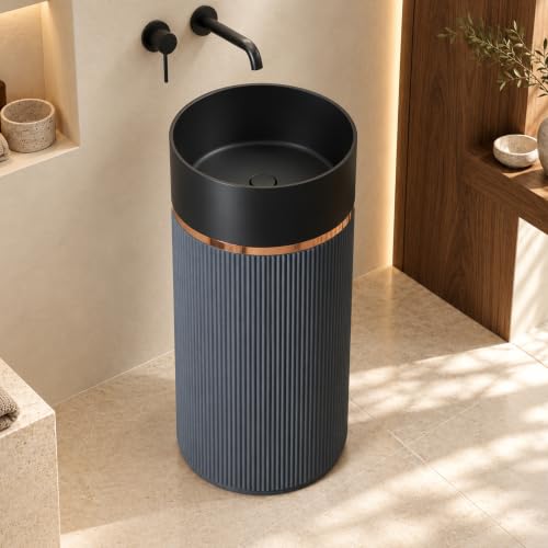 Image of Plantex Pedestal Wash Basin /Acrylic Resin & Quartz Free Standing Wash Basin /Round Basin For Bathroom /Home /Hotel /Restaurant- (Black & Grey, 16 X 16 X 34 Inch)
