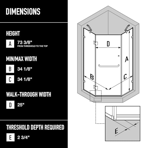VIGO Piedmont 34 in. L x 34 in. W x 73 in. H Frameless Hinged Neo-angle Shower Enclosure in Chrome with 3/8 in. Clear Glass-VG6062CHCL36