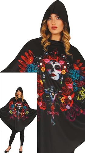 FIESTAS GUIRCA Disfarce de poncho Dia dos Mortos para mulher - poncho preto com estampado de caveiras - disfarces de Halloween para mulher tamanho L
